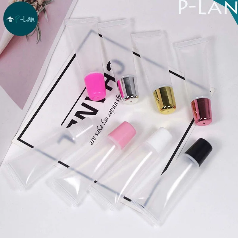 P-Lan Brand MOQ 100pieces Clear White Pink Black Silver Rose Gold Top Clear Squeeze Tubes 15ml 10ml Lip Gloss Squeeze Tube