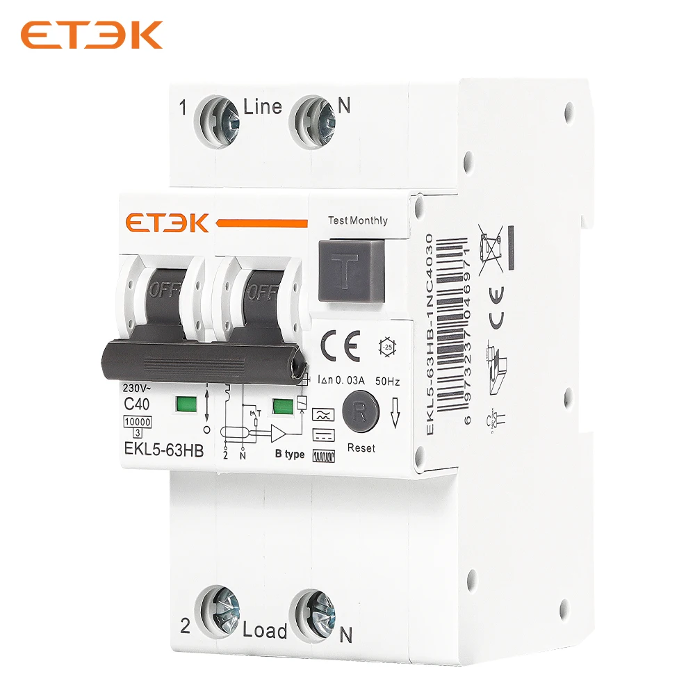 ETEK Type B RCBO 2p 40a 30mA Tripping Curve C 1P N RCBO