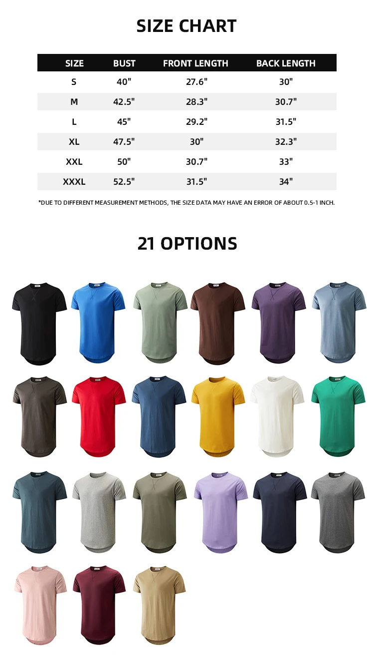 Wholesale Mens 100% Cotton Hipster Hip Hop Longline Crewneck T-Shirt S-4XL