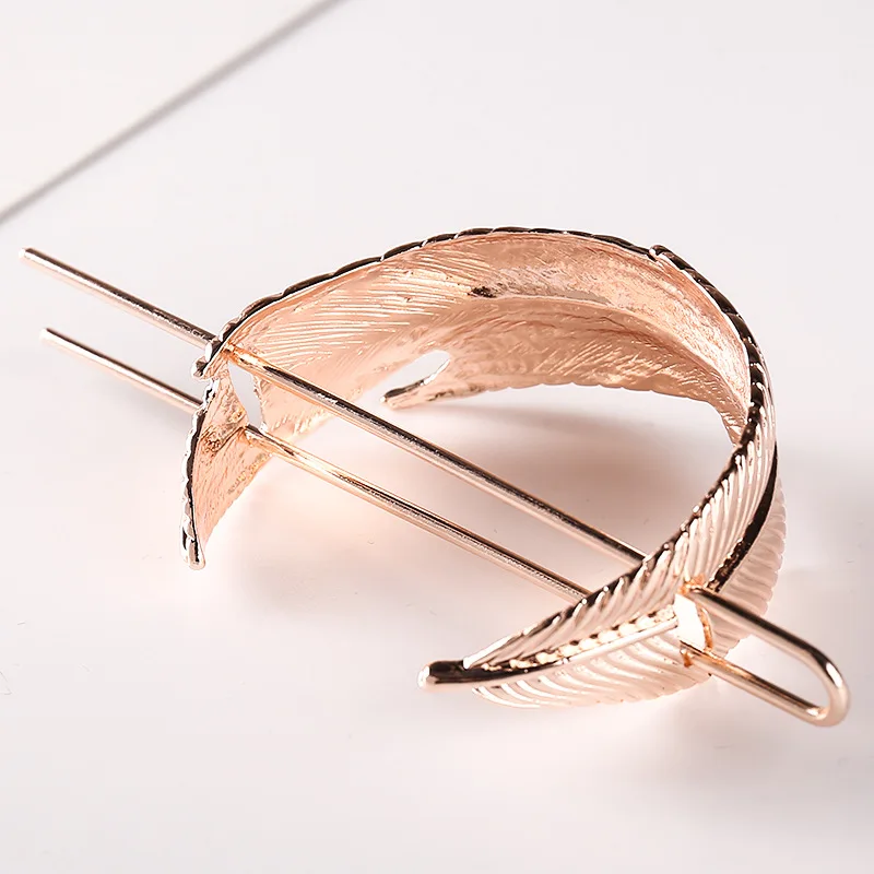  Women Top Hairpin Alloy Feather Shaped Girls Bun Holder Hair Stick Golden Jewelry