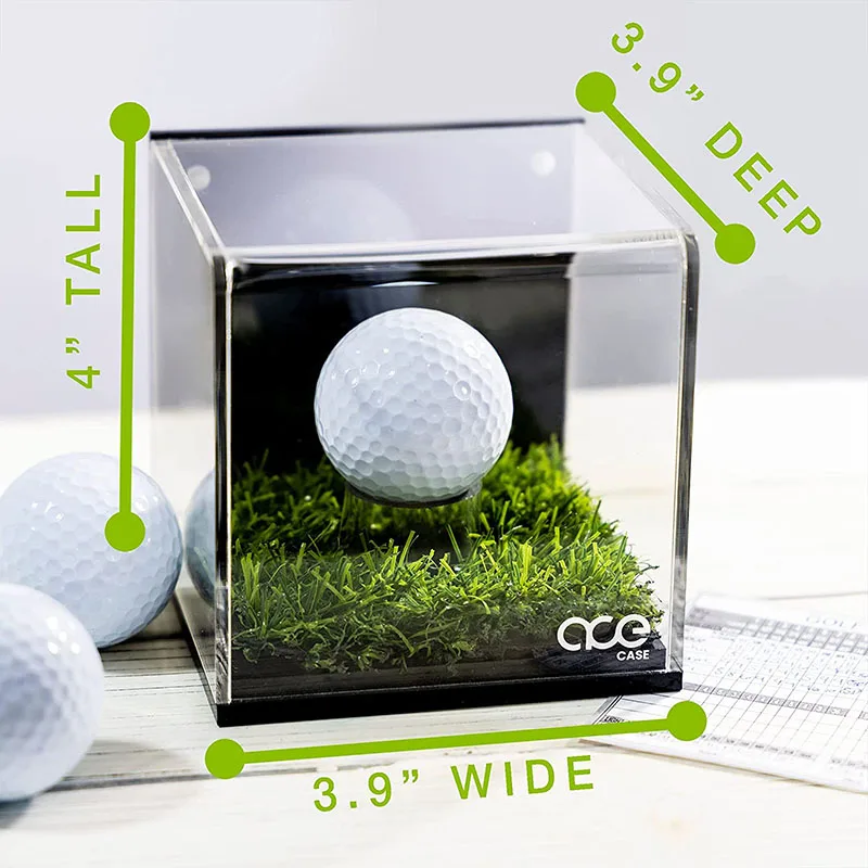 square perspex Golf Ball Display for Enthusiasts clear acrylic Golf Ball Display Case with Turf and Magnetic Card/Picture Slot