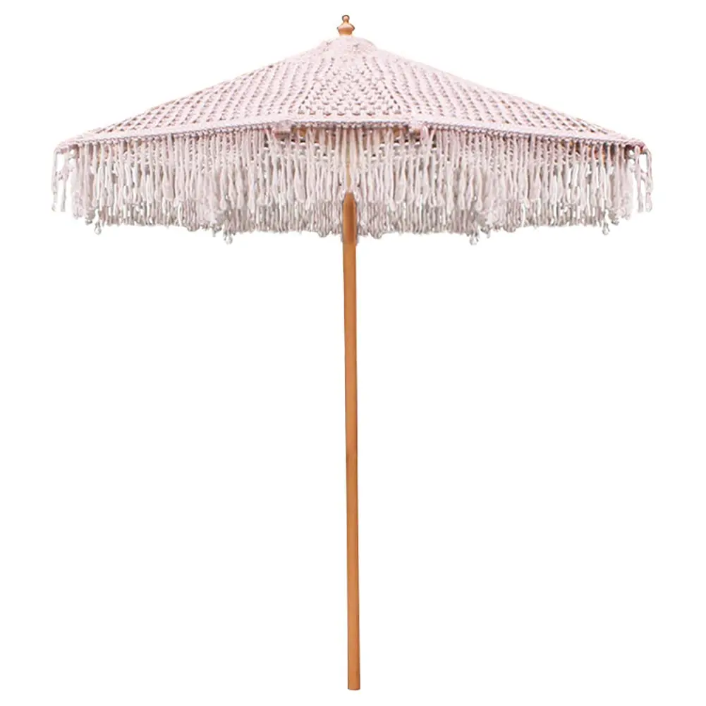wholesaler Outdoor Wooden Pole Bali Boho  Patio Sun Parasol Hand-tied Cotton Macrame Fringe Garden Beach Umbrellas With Tassel