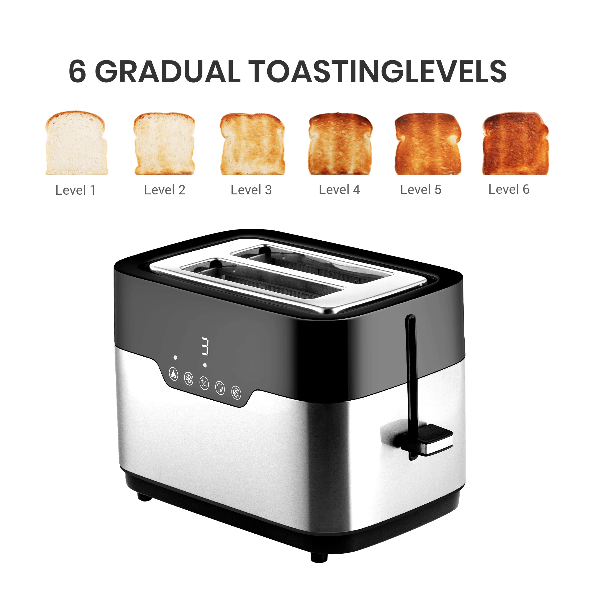New Touch Screen Grill Bread Toaster with Warming Rack 6 Shade Setting Bun Toaster 2 slice
