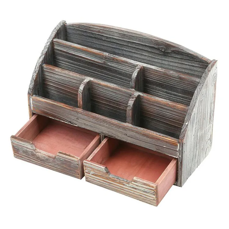 6 compartment 2 drawer supplies rack distressed torched pine wood desk organizer drawers