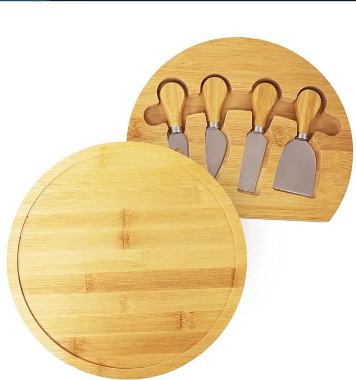 Bamboo Round Cheese Board and 4 Knives Set with Slide-Out Cutlery Drawer - Charcuterie Boards Set the best  Housewarming Gift
