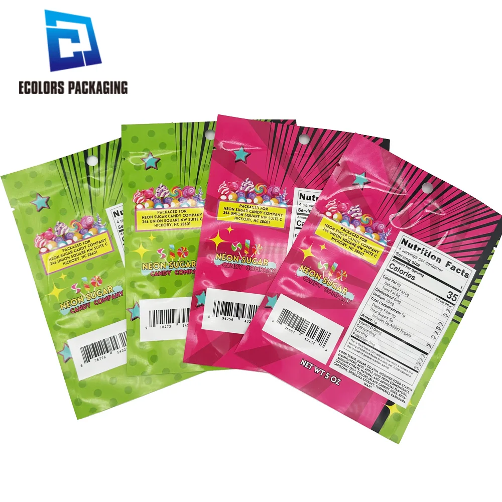 wholesale low moq recyclable custom printed heat sealing sugar sweet candy plastic bag 3 side seal flat pouches with window