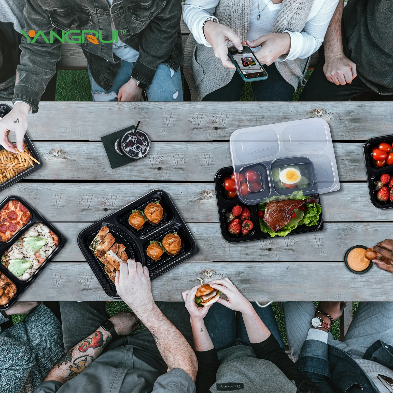 4 Compartments Divided Microwave Safe Food Grade Plastic Reusable Restaurant Supply Take Out Containers To Go Lunch Box