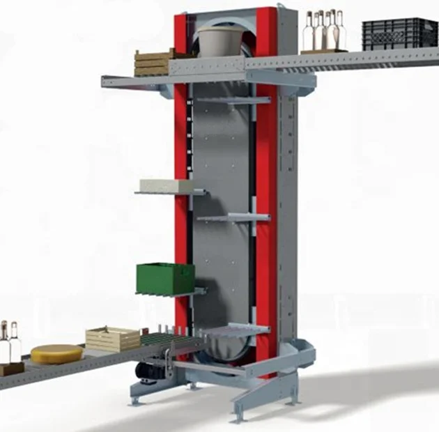 Compact Beverage Carton Boxes Cases Trays Bags Automatic Rotative Vertical Chain Sorting Conveyor Lifter Machine