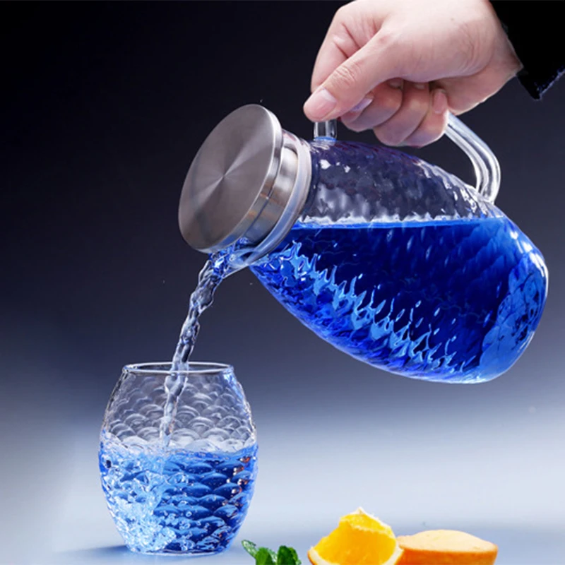 
Fish scale glass hammer stainless steel lid water jug juice bottle side handle 