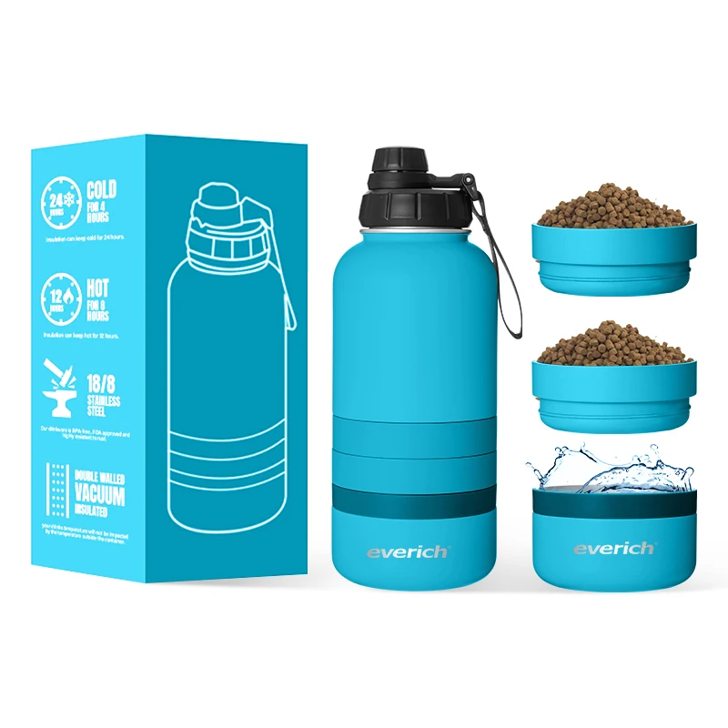 304 stainless steel dog water bottle 4 in1 32oz single wall Pet Water Bottle with food water container Portable Outdoor