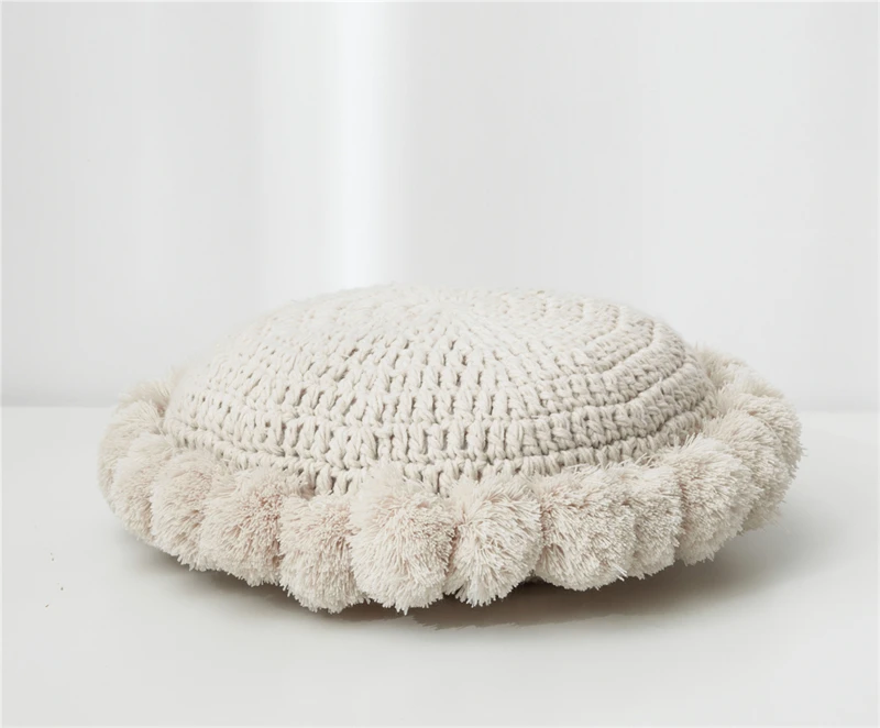 YIRUIO XN Boho Crochet Knitted Acrylic Pompom Pillowcase Cushion Cable Design Round High Quality Home Decoration