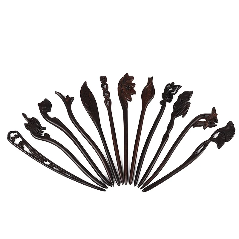 Vintage Retro Chinese Black Wooden Sandalwood Carved Long Horn Fork Pen Hairpin Wood Chopsticks Hair Sticks Pins Picks for Women