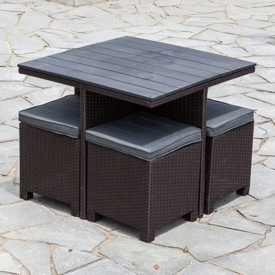 Wood Slat Dining Set Plastic wood Table Footstools Simple Design Outdoor Furniture Garden Rattan Sofa Set