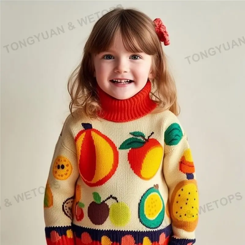 Fashionable Colorful Toddler Girls Fruit Pattern Mock Neck Sweater 2025 Autumn Winter