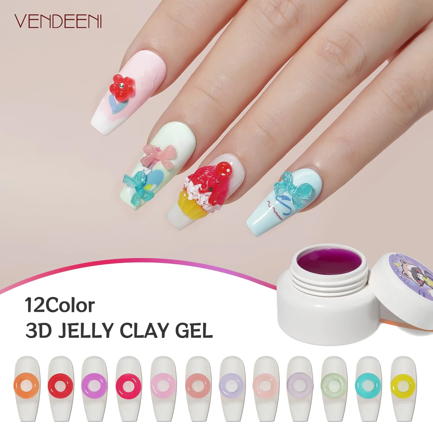 Vendeeni 12 colors rubber modelling carved gel diy shaping clay 3D jelly gel nail polish 5g non toxic gel nail art design