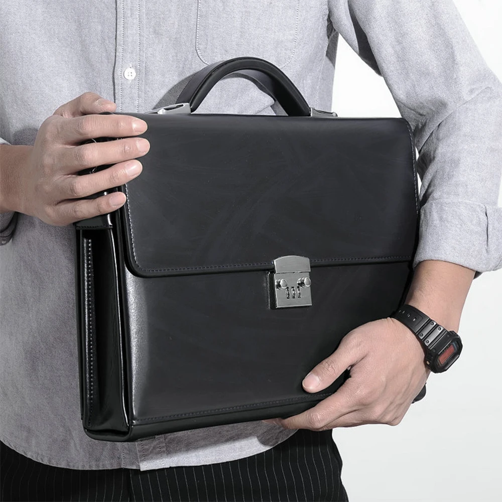 Cowhide Password Lock Shoulder Crossbody Briefcase for Men Leather Portfolio Large Capacity Office Computer Bag Lawyer