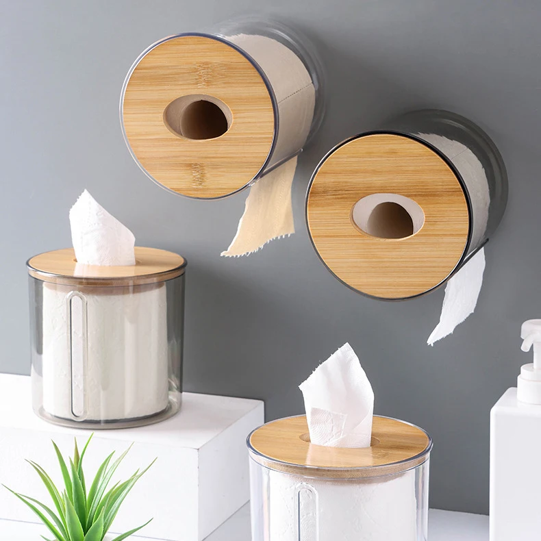 Baolong Modern Style Home Hotel Wall Mounted Bathroom Storage Round Bamboo Cover Roll Toilet Paper Holder