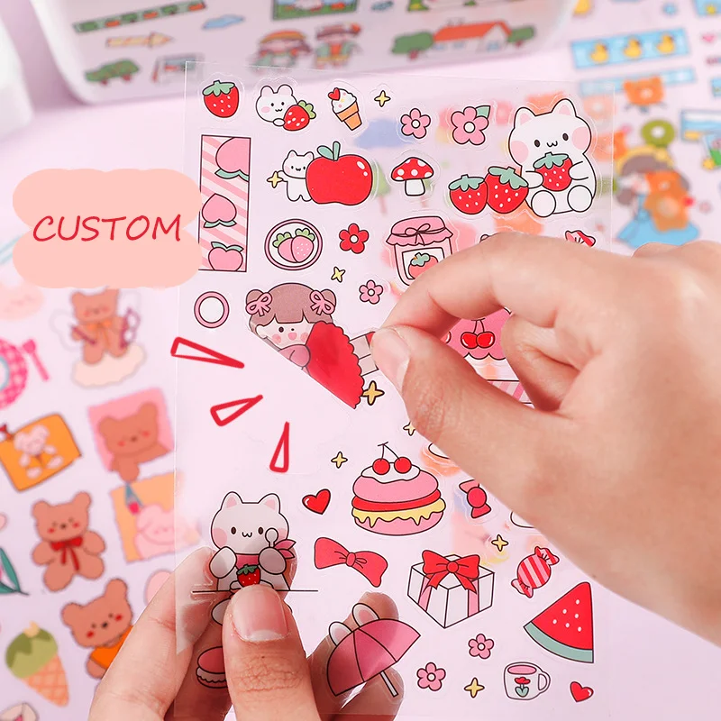 PVC self-adhesive waterproof clear stickers sheet  kawaii special-shaped custom design kawaii kiss cut sticker sheet