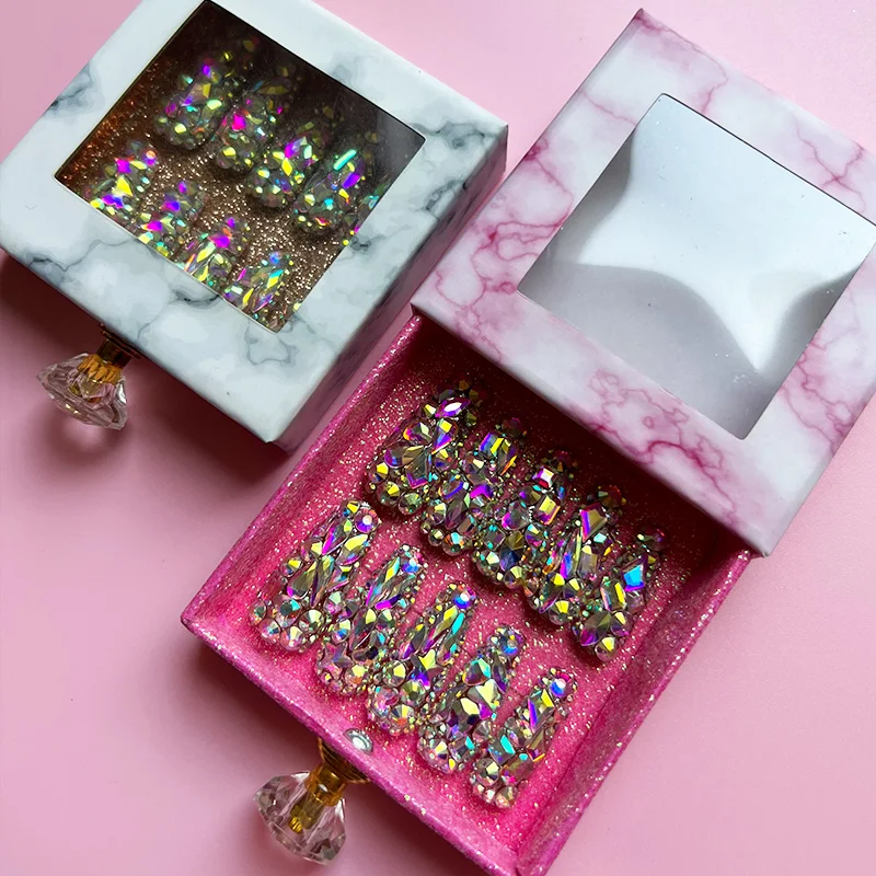 Luxury designer press on nails with rhinestones artificial fingernails french on false nails with stones