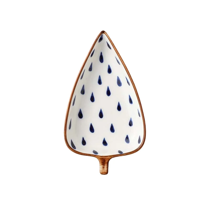 Porcelain Small Leaf Shape Fruit Snack Serving Plates Nut Ceramic Dish With Wooden Tray