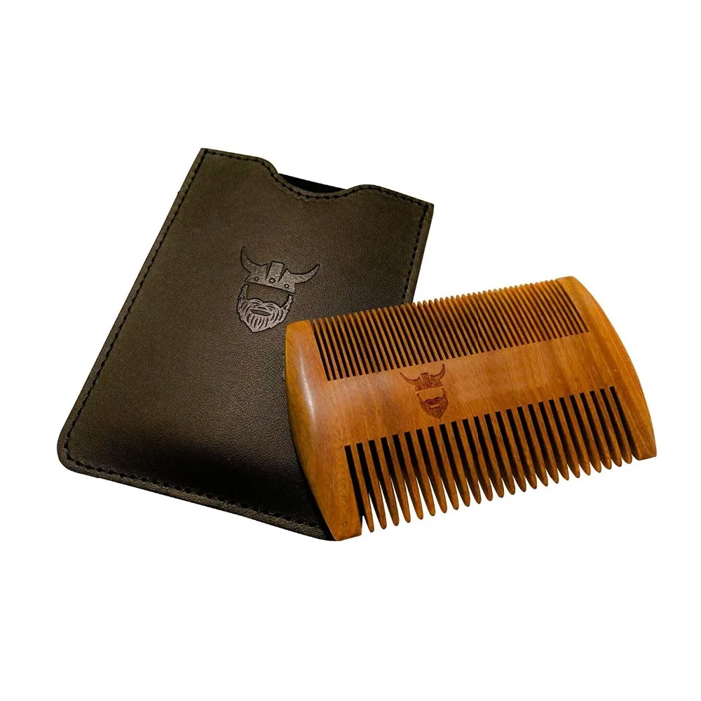 private label custom logo mens hair brush set beard grooming wooden comb with PU pouch