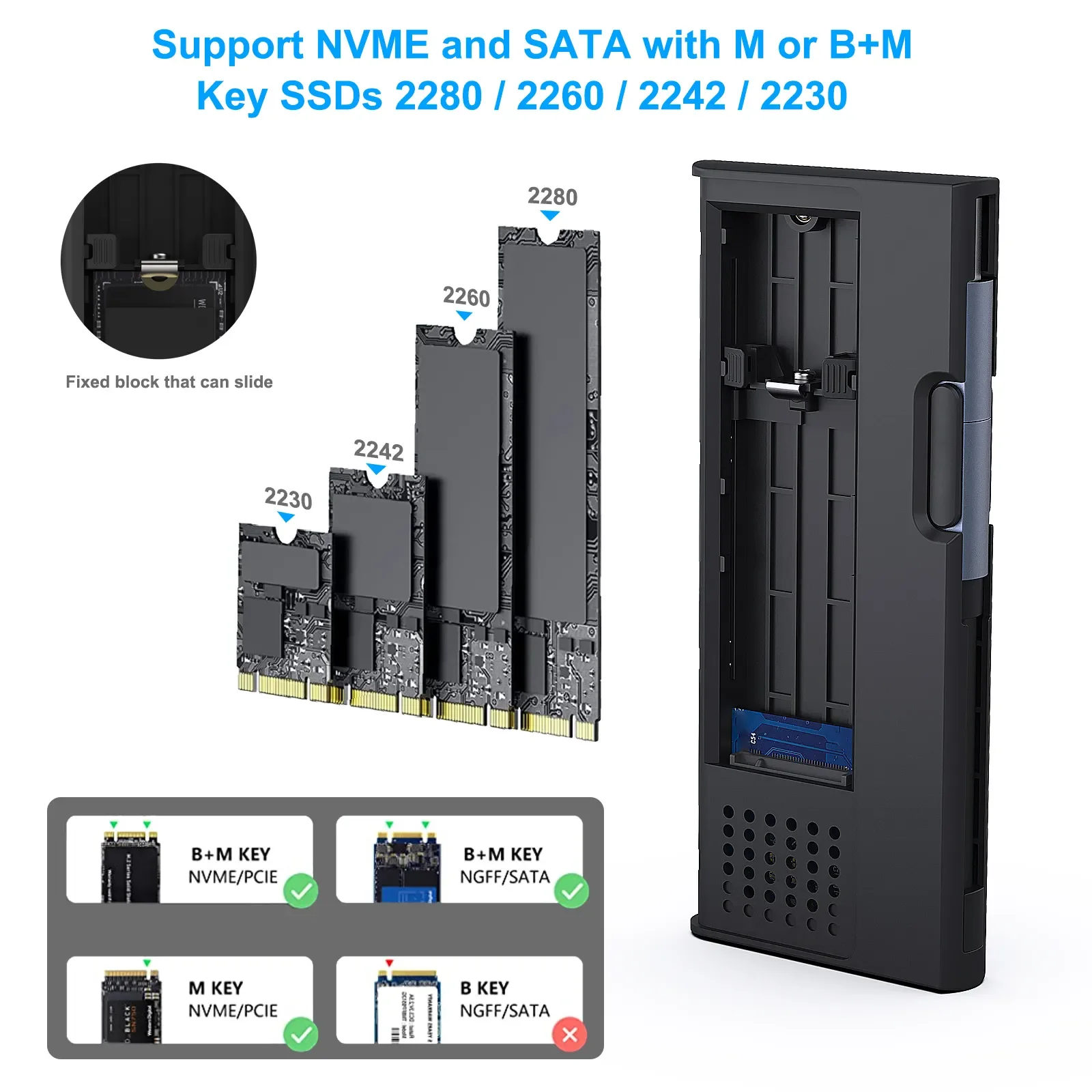 BENFEI 5 Gbps USB Type-C/Type-A to NVME PCI-E SATA M-Key/(B+M) Key M.2 NVME SATA SSD Enclosure