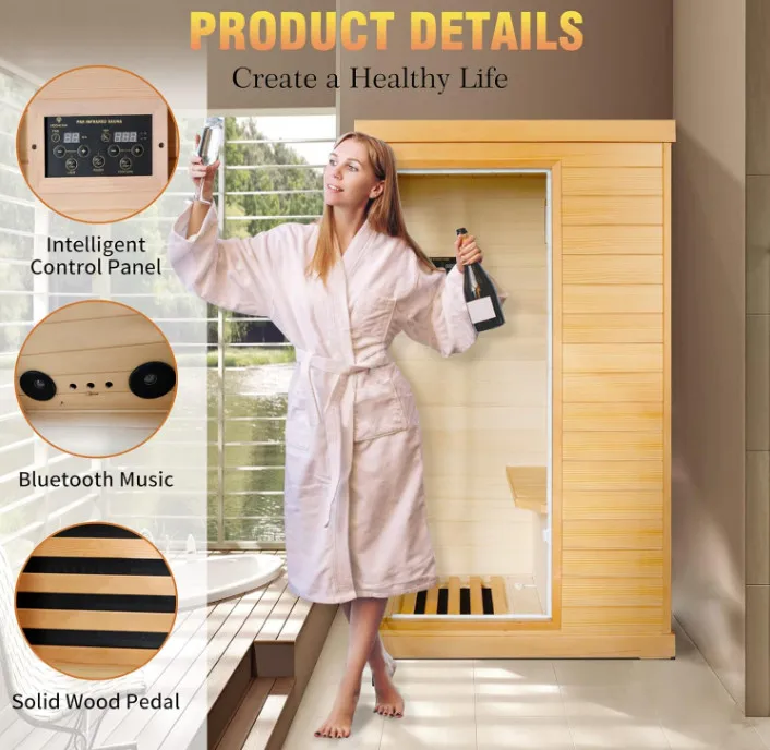 Far Infrared Low-EMF Canadian Hemlock Wood Sauna Home Spa Room with Control Panel and Tempered Glass Door
