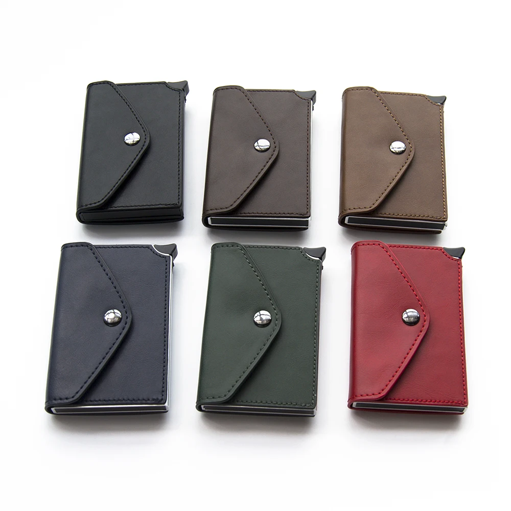 RFID Blocking Crazy Horse Leather  Button Pop Up Slim Aluminum Case Business Bank ID Credit Card Holder