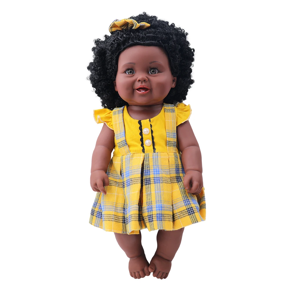 Tusalmo doll factory price wholesale lifelike 19 inch black pretty girl doll with dimples beautiful yellow dress for kids