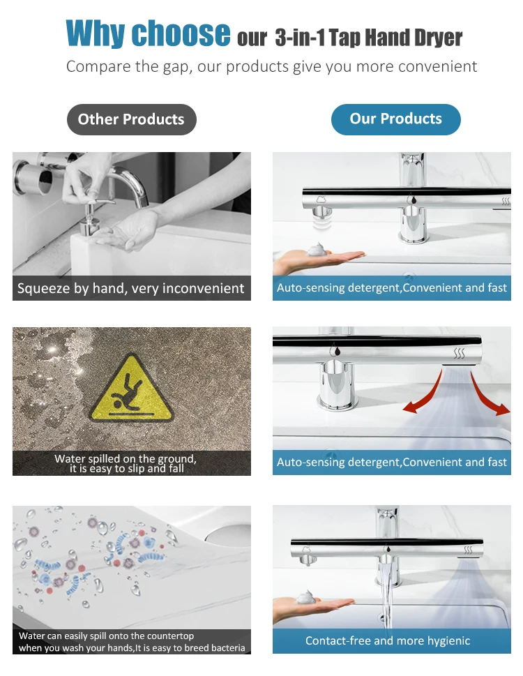 Customized Plugs Hand Dryer Touchless Stainless Steel Basin Faucet Tap With Soap Dispenser