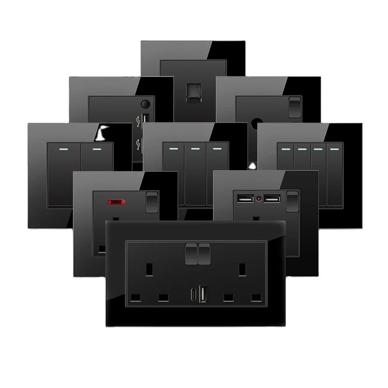 Dellfu Tempered Glass Panel UN Wall Switch Socket Power 1/2/3 Gang 2 Way Light Water Heater Switch On / Off With LED Indicator