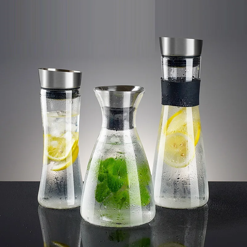 wholesale heatresistant glass pitcher water carafe decanter with stainless steel flow lid