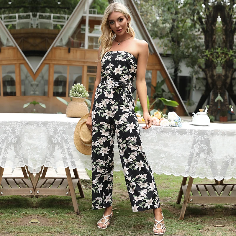 
Summer 2021 Chest Wrap Top and Loose-Fitting Trousers Casual Chiffon Floral Jumpsuit 
