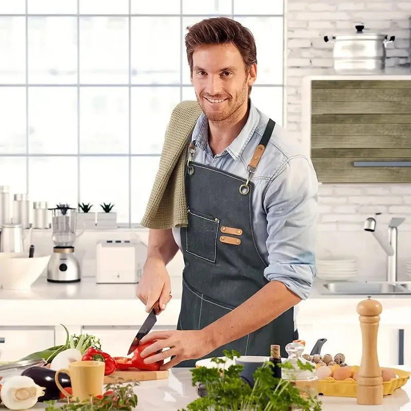 Perfect Chef Uniform Bib Kitchen Custom Apron Denim Cotton Barber Canvas Aprons Men Work Apron with Tool Pockets for Cooking
