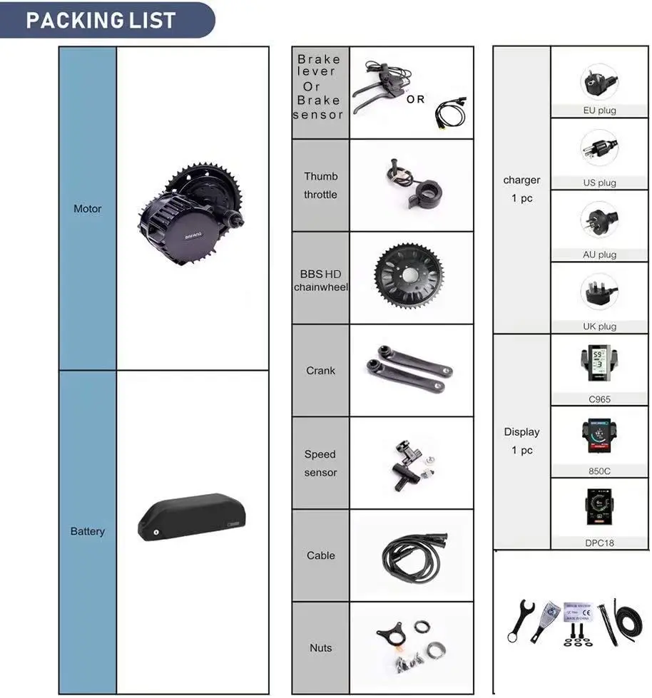 BLJ BAFANG Electric Bike 1000W BBSHD Mid Drive Motor Kit Electric Bicycle Conversion Kit with Optional 48v 52v Lithium Battery