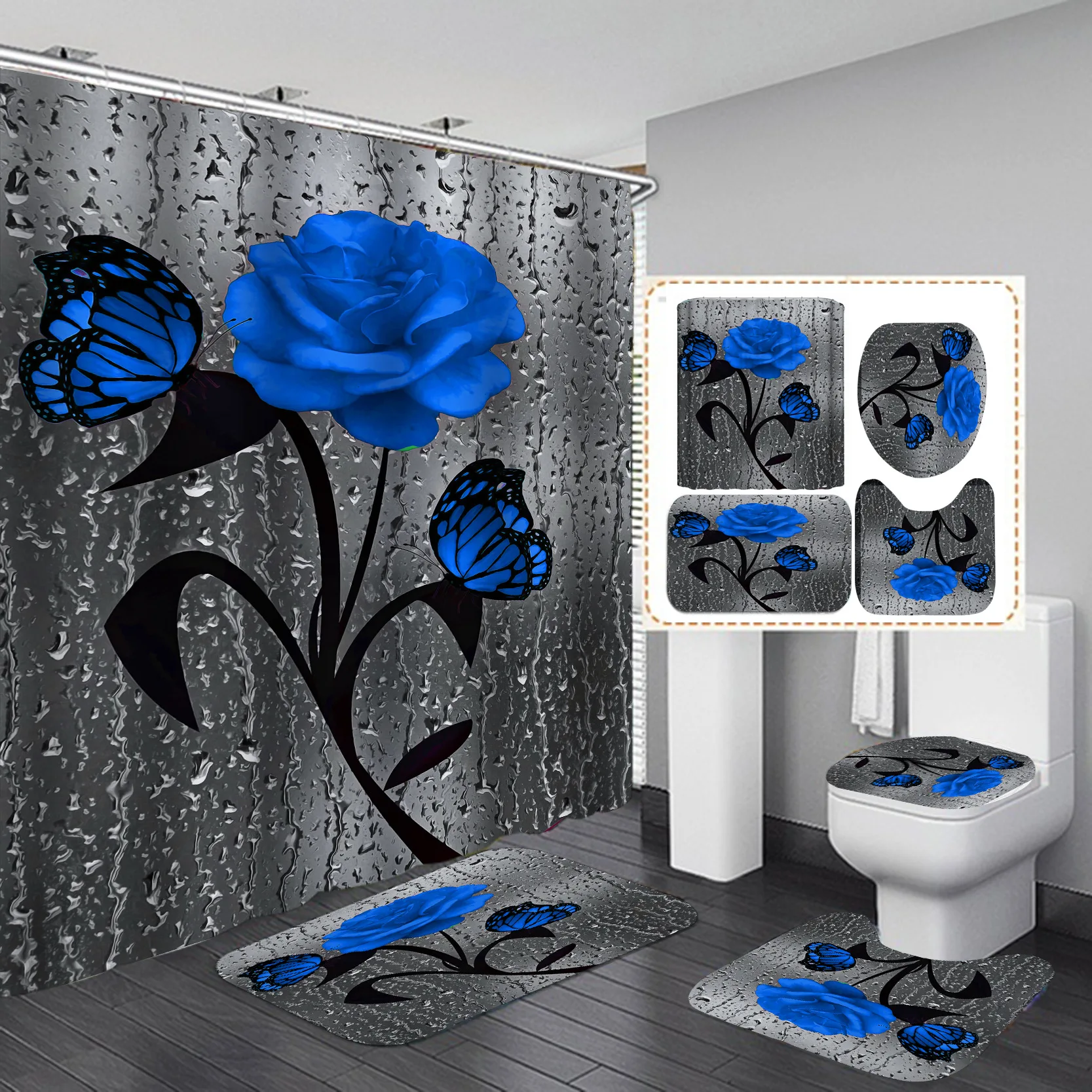 Bathroom Flower Design Rose Waterproof 100% Polyester 4 pcs Shower Curtain and Bath Mats Set