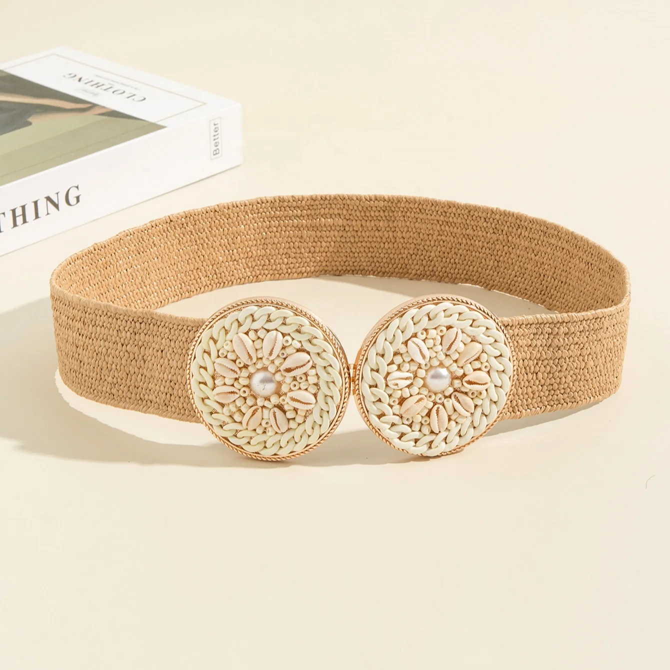 Straw Woven Elastic Stretch Waist Belt Women Skinny Dress Cinch Fashion Double Round Female Metal