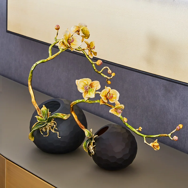 RORO Black Glass Vase Home Decoration Living Room Modern Luxury Home Decor Enamel Colorful Flower Lanyang Style Decoration