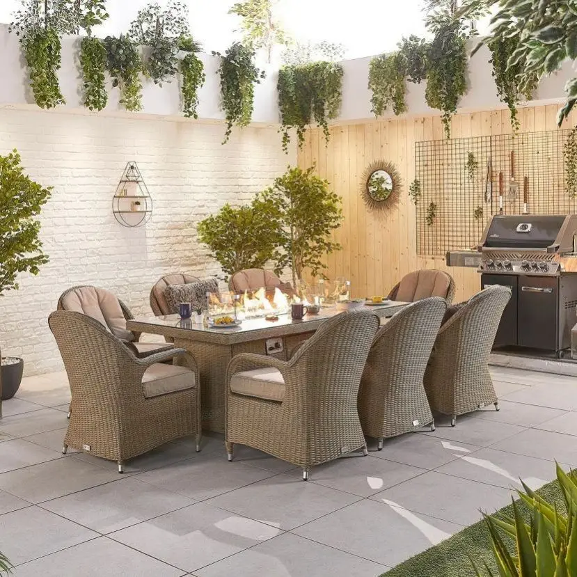 Big Family Audu Tibury Natural 8 seaters rattan outdoor seating wicker garden dining set with gas firepit table for terrace