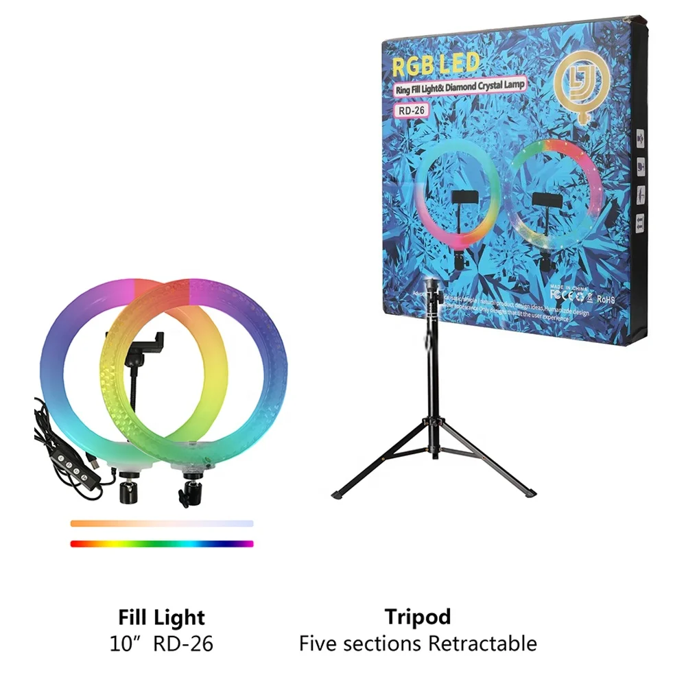 2022 New Arrival Dimmable 10 Inch Circle Photography Lighting 16 colour Led RGB Ring Light with Phone Tripod Stand