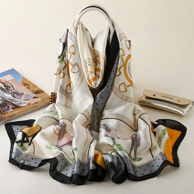 2022 Wholesale Custom Design New Silk Satin Scarf Headscarf Ladies Simulation Silk Scarf Luxury Designer Brand  Silk Scarf