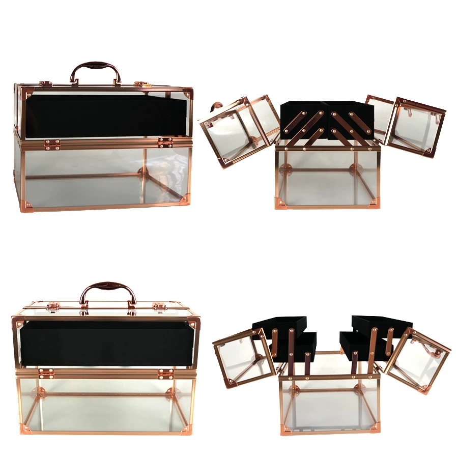 
Acrylic portable clear large rose gold poker makeup cosmetic jewelry display storage acrylic box case 