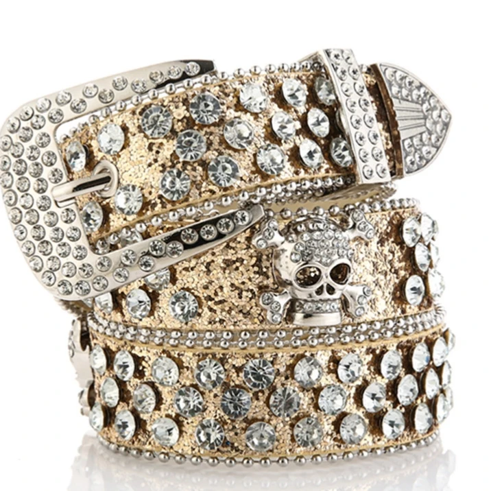 Factory Wholesale Western Style BB Belt Bling Bling Skull Head Rhinestone Crystal Leather Jean Diamond Belt Men Women PU Belts
