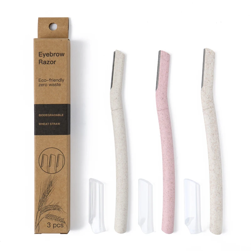 2021 eco japanese steel blade women face biodegradable eye brow razor trimmer and facial pink wheat straw eyebrow shaper kit