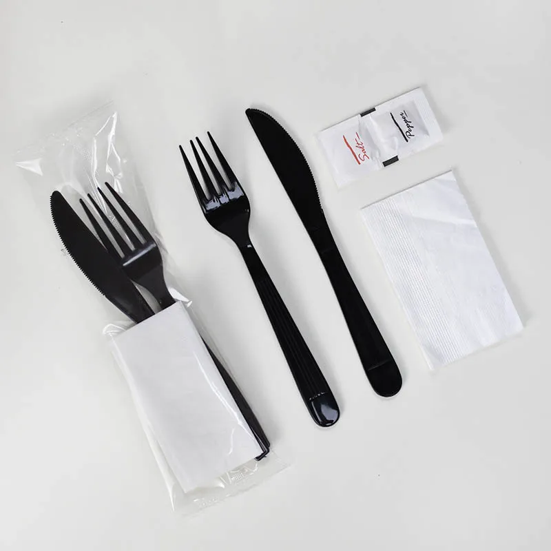 Plastic disposable cutlery set knife fork spoon with napkin salt&pepper airline restaurant customized logo