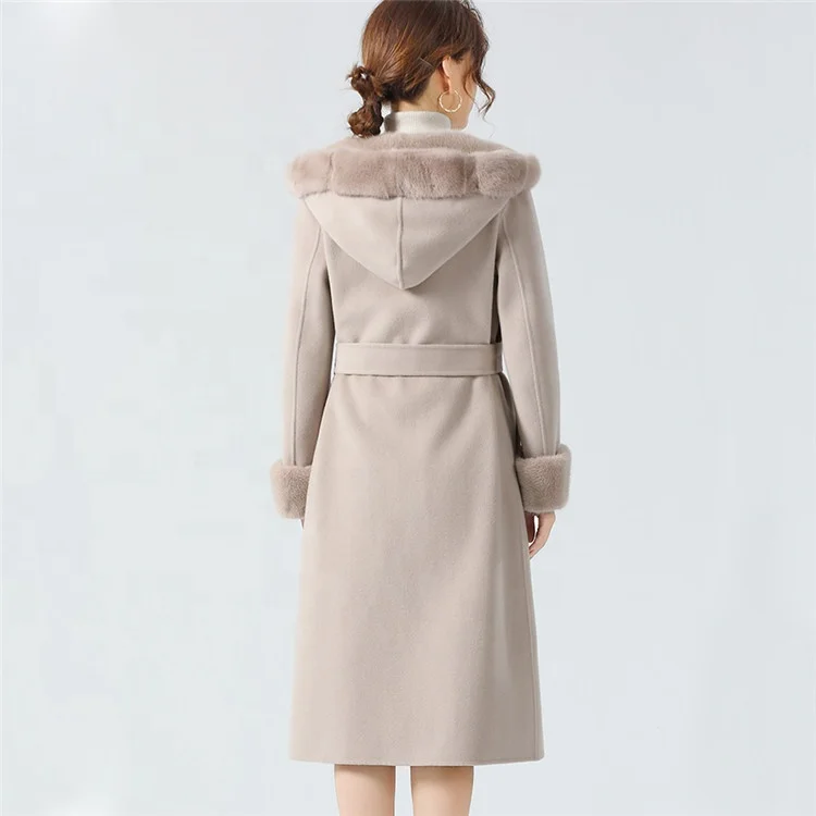 2021 New Real Hooded Wool Trench Coat Handmade Long Warm Wool Coat Women