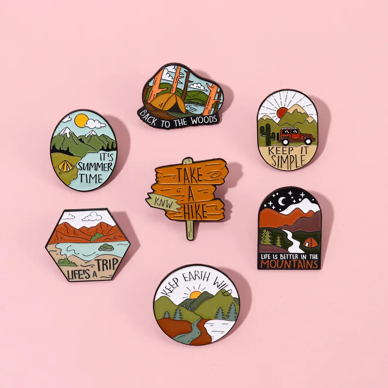 Outdoors Wild Camping Lapel Pins Take a Hiking Adventure Mountain Trip Brooches Enamel Pin Metal Badges