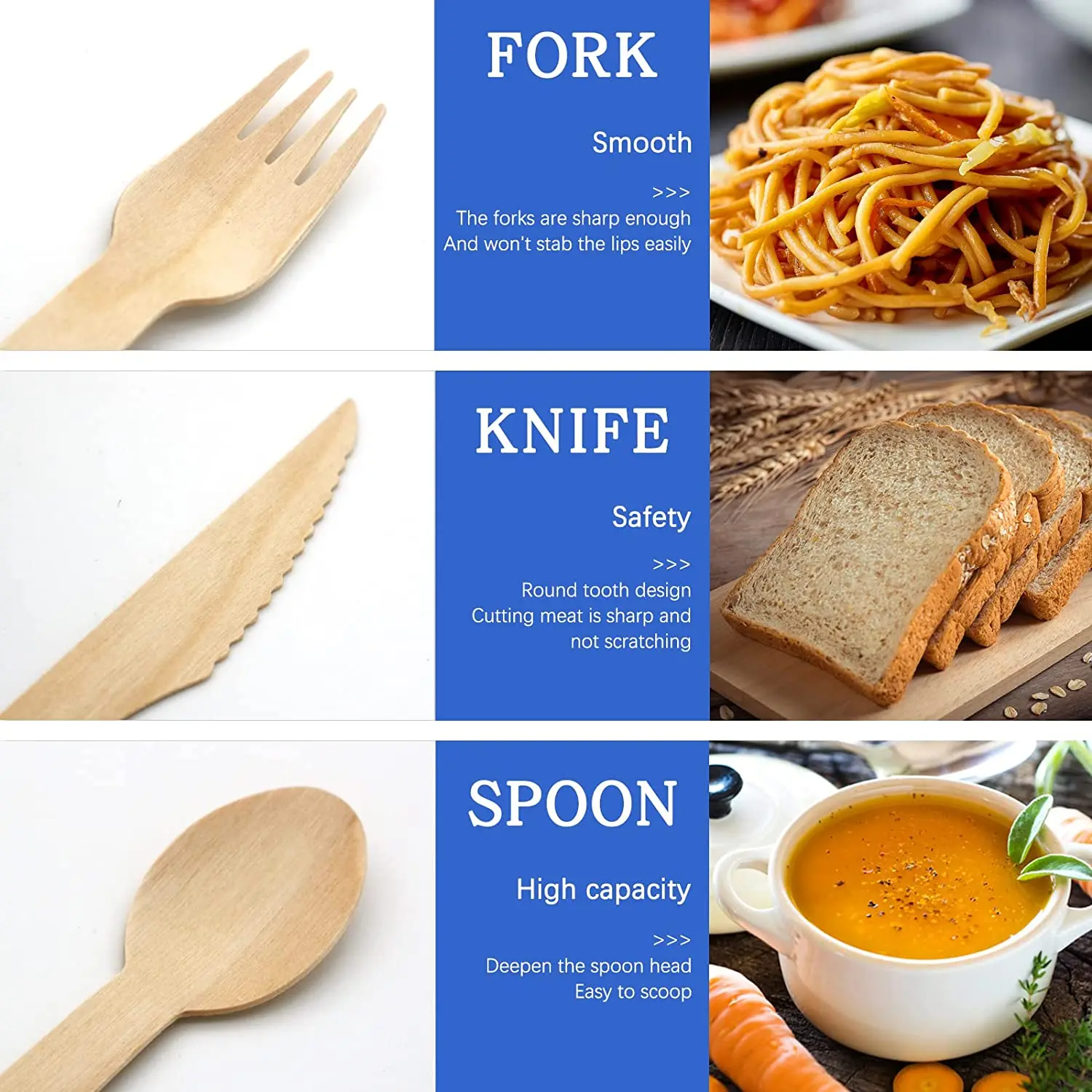 Biodegradable Bulk Birch Wood Spoon / Forks / Knives Disposable Wooden Cutlery Set
