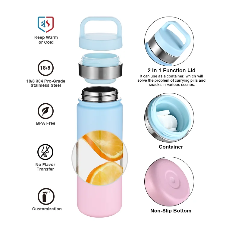 Free Sample 18 oz Water Bottle Custom Double Wall Stainless Steel Insulated BPA Free Water Bottle with Compartment Lid