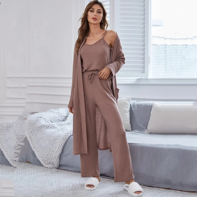 Custom Matching Pajamas 3 Pieces Loungewear Open Front Belted Robe & Cami Top & Pants Lounge Set